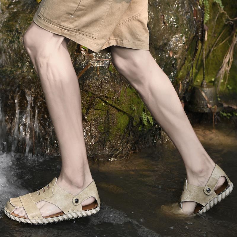 Летние мужские сандалии большого размера 46, мужские модные кожаные пляжные туфли, повседневные сандалии и шлепанцы, мужские уличные туфли для плавания, обувь ручной работы