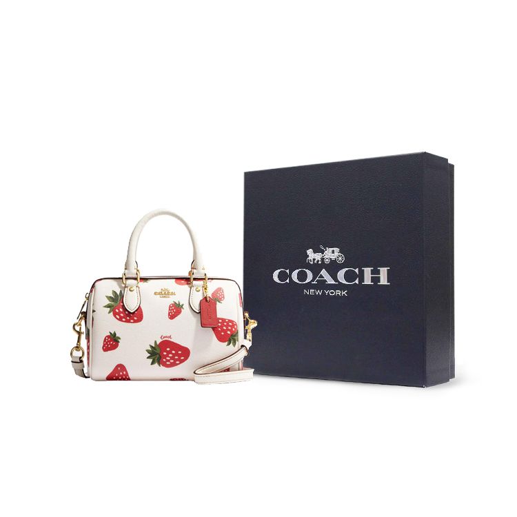 Coach Роуэн 18 Однотонный Золотой Логотип Принт Клубника Кожаная Сумка-Бостон Женская Сумка на Плечо Кремовый Красный CH161-IMCAH