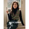 Базовый женский вязаный жилет-свитер Basic House в полоску с V-образным вырезом