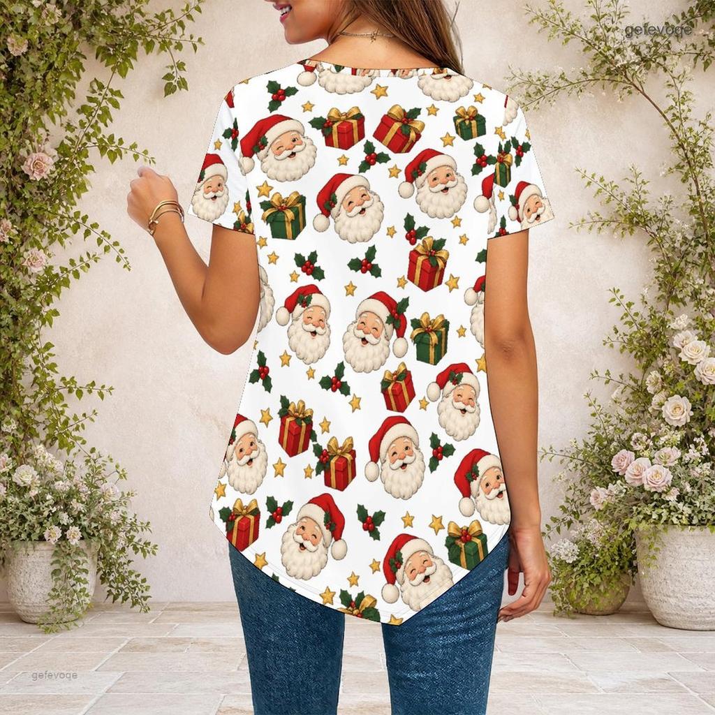 Women Plus Size Round Neck Short Sleeve Pointed Hem Shirt Christmas Nutcracker Print White