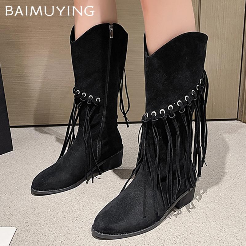 Suede Women High Boots Tassels Fashion Chunky Shoes Knee High Snow Chelsea Botas Winter New Trend Woman Designer Zapatos