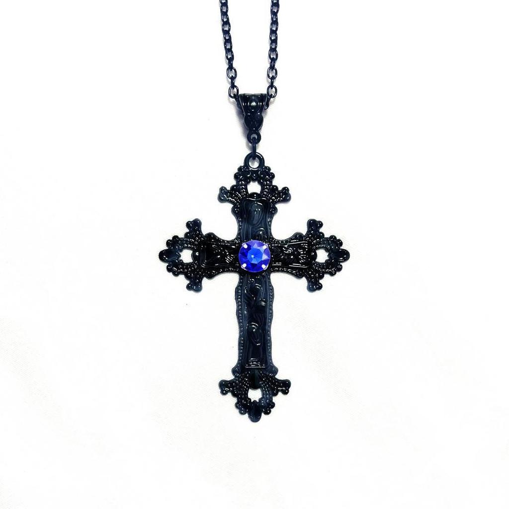 Gothic Y2K Punk Crystal Black Cross Pendant Choker Necklace for Women