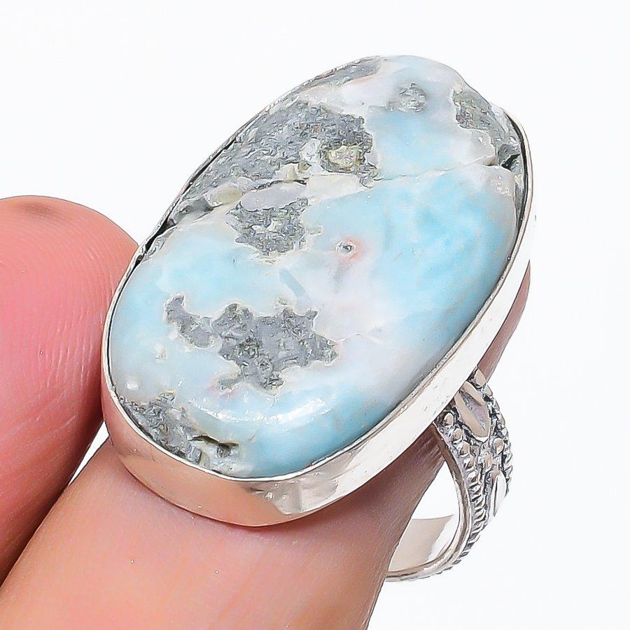 Natural Larimar Gemstone Handmade 925 Sterling Silver Jewelry Ring Size 9.5 C3w53