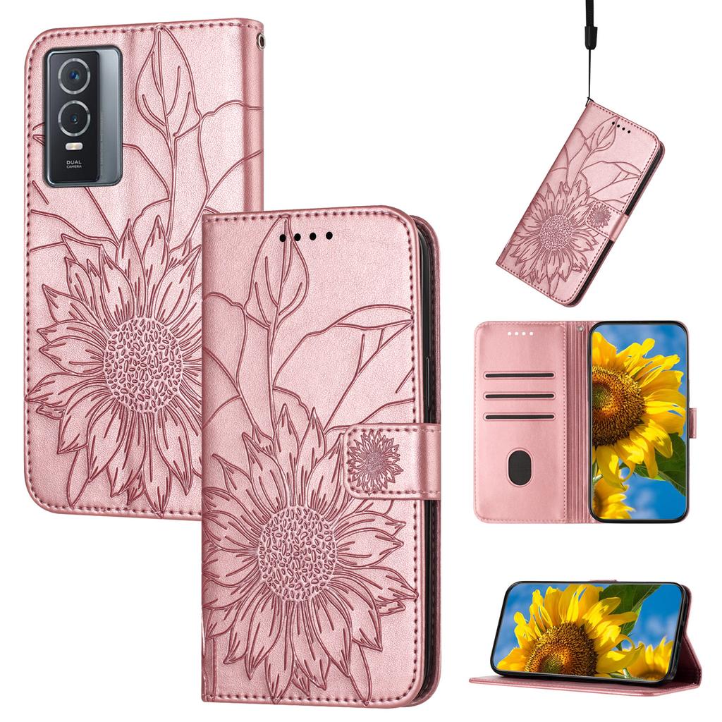 Защитный чехол из искусственной кожи с тиснением подсолнуха, держатель для магнитных карт, подставка, ремешок на запястье, флип-чехол для Vivo Y21 Y33S Y02S Y16 Y35 Y22S Y76