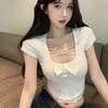 Bow Lace Short T-shirt Women Summer New Sexy Slim U-neck Short Sleeve Top
