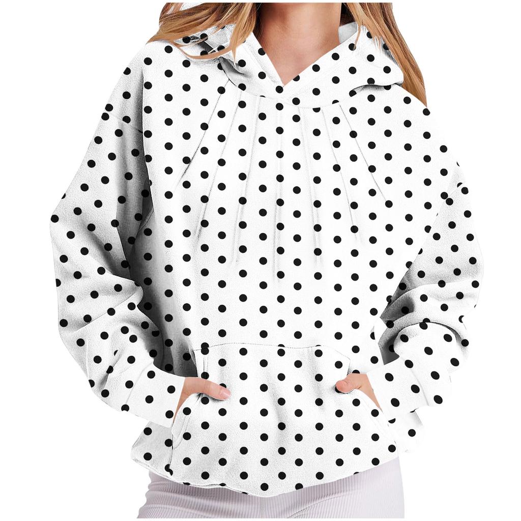 Women's Pleated Polka Dot Long Sleeve Hooded Sweatshirt