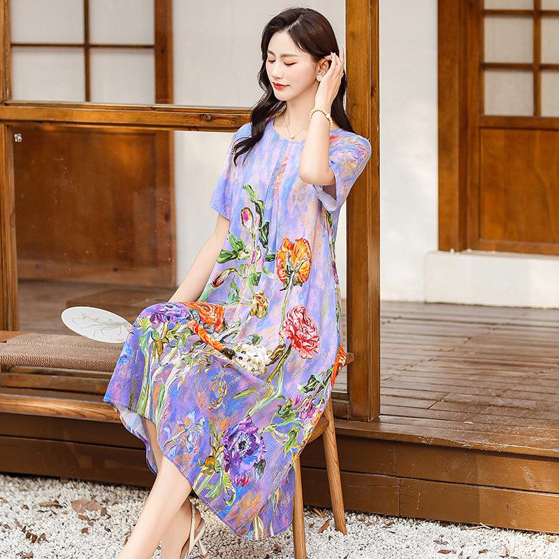 Летнее этническое миди-платье с цветочным принтом из хлопка и шелка – с коротким рукавом, свободного кроя, стройнящая накидка для мам