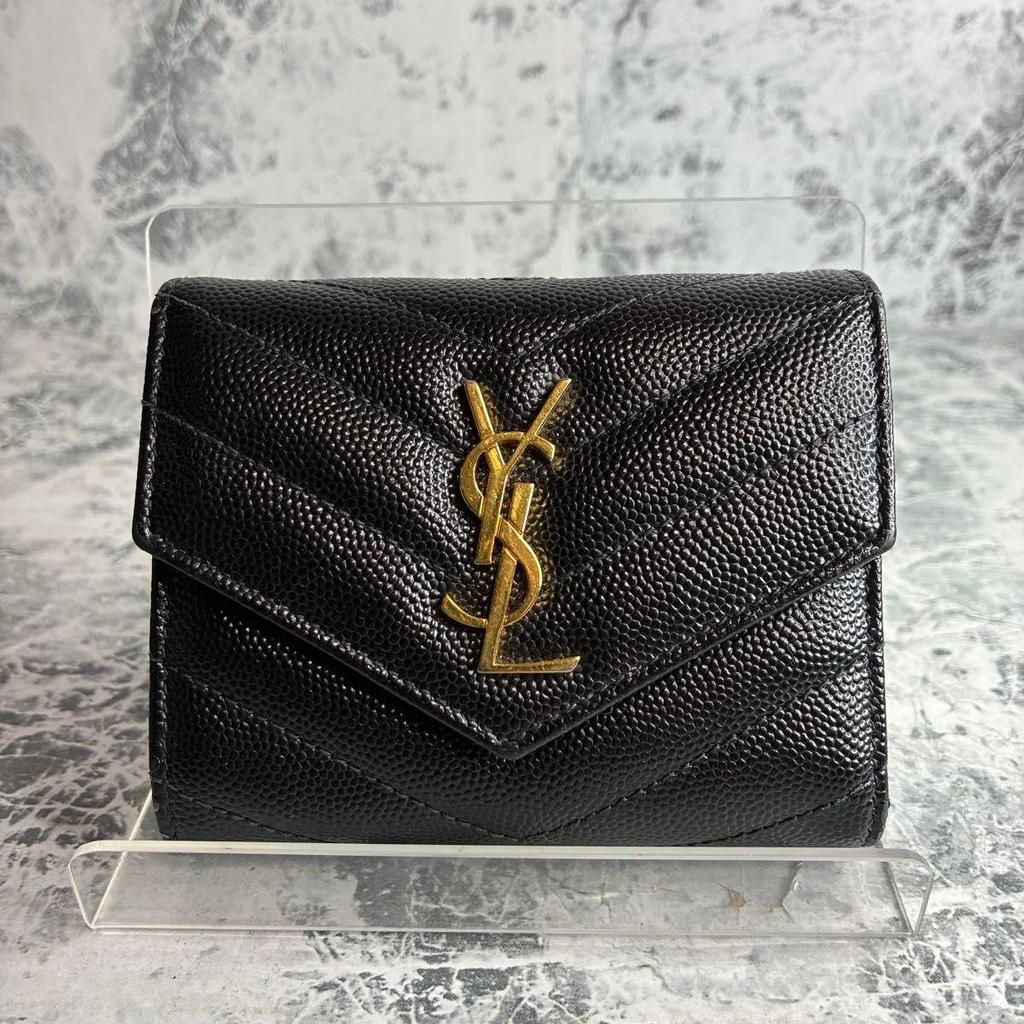 Б/у SAINT LAURENT Saint Laurent Черный YSL Тройной Кошелек Черный Cassandra Кошелек Компактный Кошелек Черный
