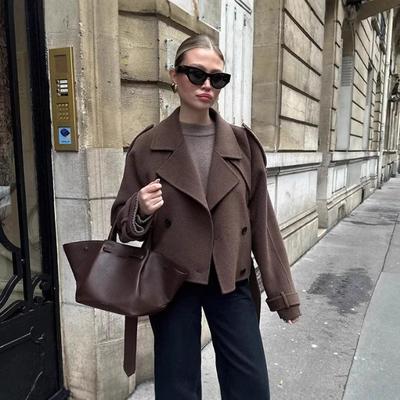 Женская повседневная свободная шерстяная куртка с лацканами и двойной пряжкой