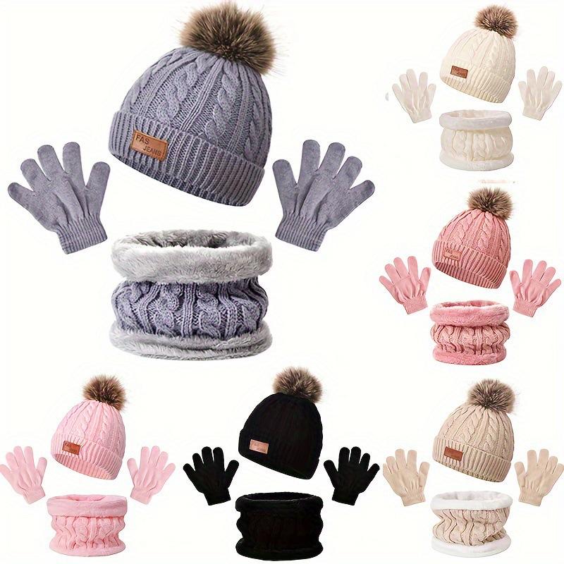 Spot European and American children's hats scarf gloves three-piece set autumn and winter solid color hairball knitted hat baby hat