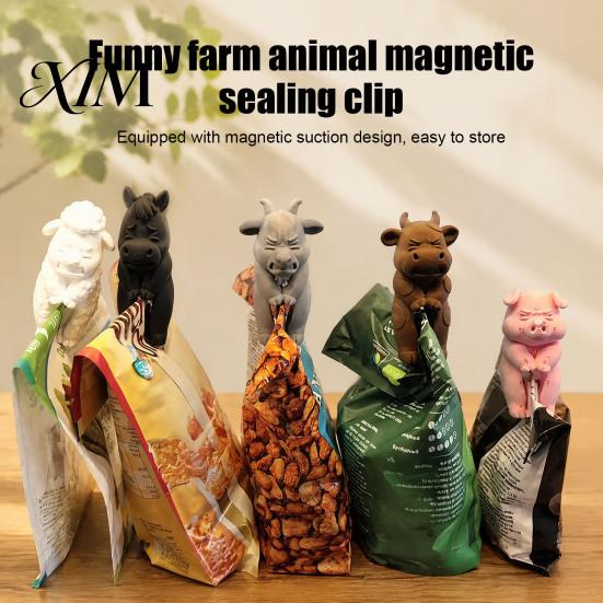 Food Sealing Clips for Bags Animal Shape with Magnetic Back, Funny Farmhouse Style Snack Farm Fridge Magnets Bag Storage Clips, Portable Freshness