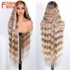 FASHION IDOL 36inch/90cm Water Wave Part Lace Wigs Synthetic With Baby Hair Wigs For Women Ombre Brown Natural Wave Wigs Cosplay