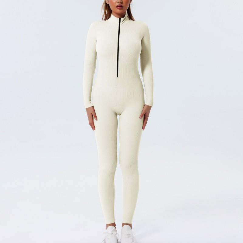 Womens High-Elastic Quick-Dry Ribbed Seamless Yoga Jumpsuit With Zipper Fit Sports Bodysuit