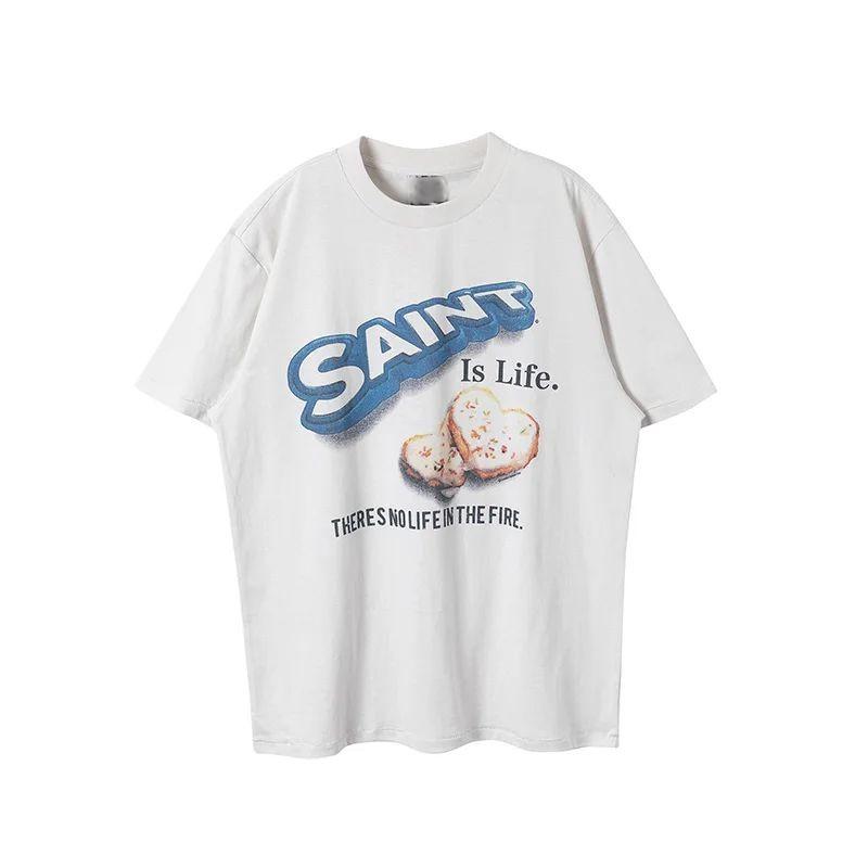 Белая серия Портрет Святого Узор с надписью Принт Хлопковая футболка с коротким рукавом в американском повседневном свободном стиле для мужчин и женщин
