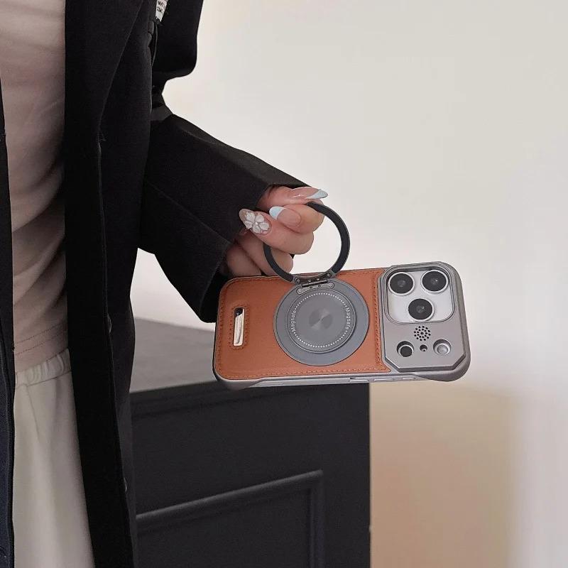 Luxury Magnetic Leather Aromatherapy Phone Case For 17 16 15 14 13 12 Pro Max Rotate Bracket Wireless Charging Borderless
