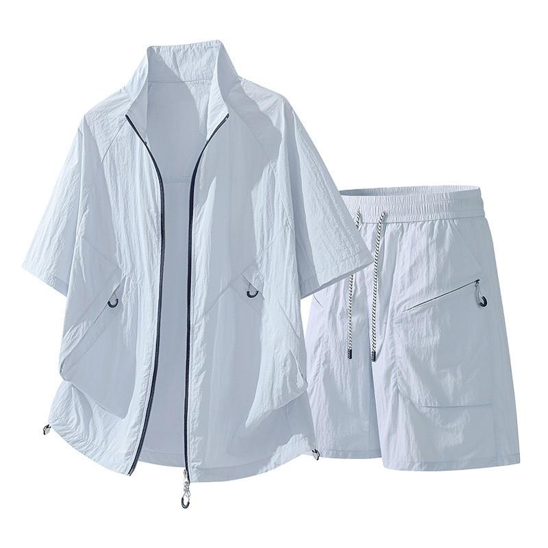 Mens Quick-Dry Sport Set With Stand Collar Zipper Top Breathable Shorts Lightweight Athletic Wear