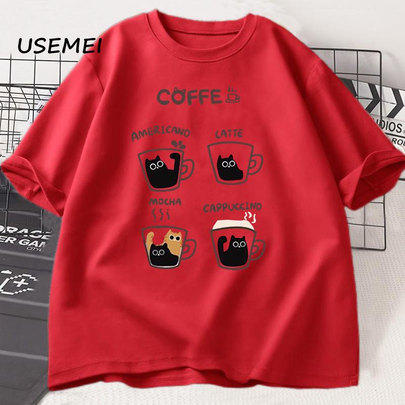 Cartoon Coffee Cat T-Shirts Men Women Summer Harajuku Kawaii Cat Printed Short Sleeve Tees Funny Streetwear Loose Clothes