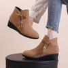 Large Size Casual Short Tube Round Toe Slope Heel Boots Autumn Winter Bow Side Zipper Suede Martin Boots Shoes 35-41