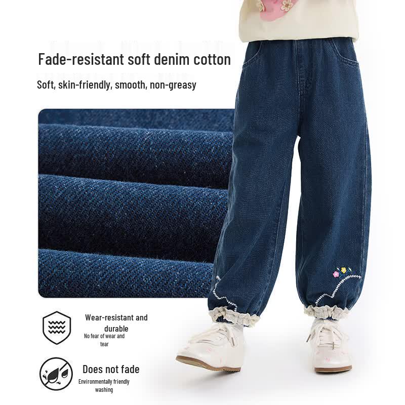 Girls' Floral Embroidered Lace Trim Cuffed Denim Jeans