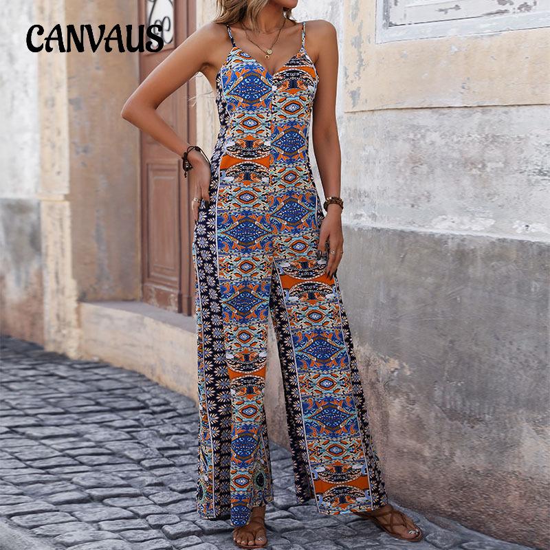 Летний женский комбинезон с открытой спиной и принтом на шее, широкий комбинезон в этническом стиле