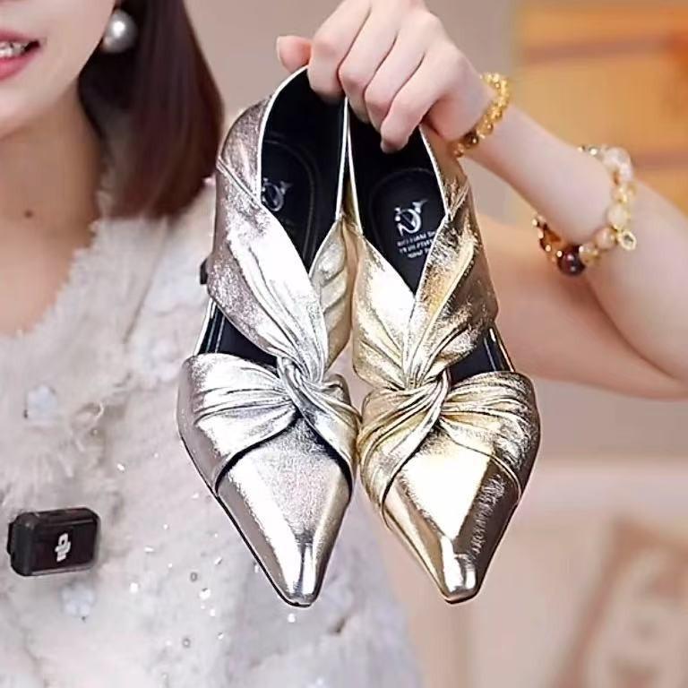 Huge Look~! 5CM Cross with Pointed Tip Hollow Pleated Single Shoes Women's Gold Retro Inner Heel Small Leather Shoes