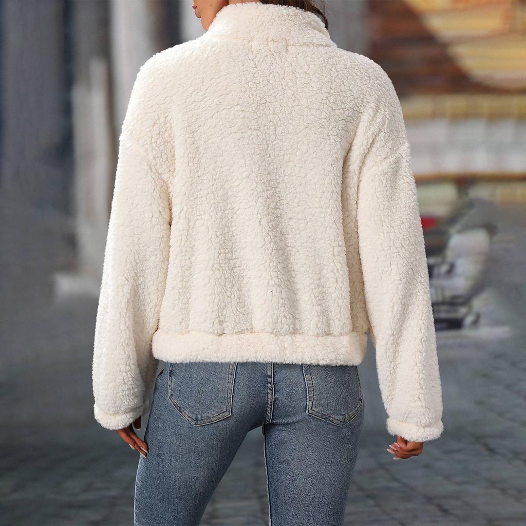 Женская и зимняя плюшевая толстовка с длинным рукавом, свободная, с полумолнией и воротником-стойкой