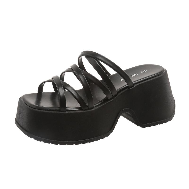 8 см Высокий каблук Толстая подошва Тапочки Женские летние модные туфли Универсальные тапочки для верхней одежды Тонкий ремень Платформа Римские сандалии