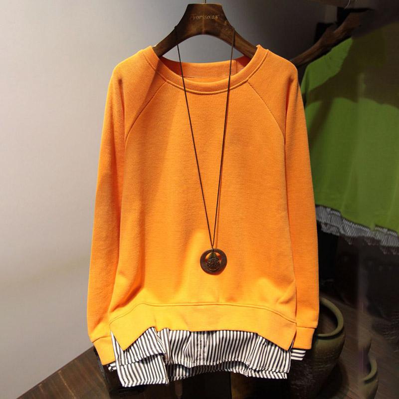 Свободный свитшот, женский осенний искусственный комплект из двух частей в полоску, сотни повседневных топов средней длины с круглым вырезом