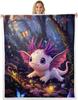 Cute Pink Axolotl Blanket Soft Fleece Throw Cherry Blossom Design Fantasy Art Kids Room Decor