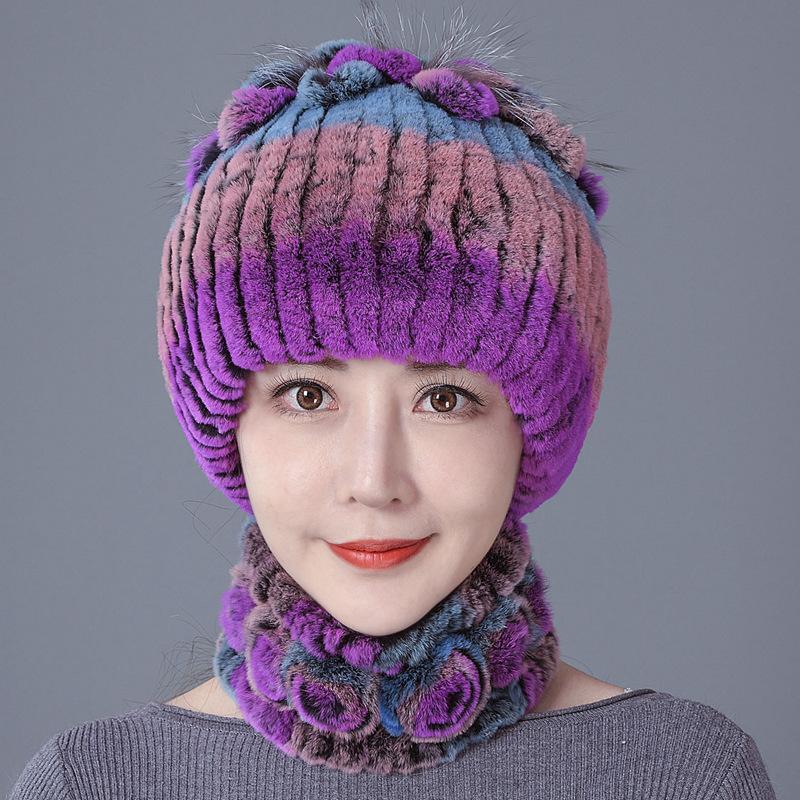 Шапка из меха кролика, женская зимняя мода, универсальная, теплая, зимняя защита для ушей, шарф из меха кролика Рекс, комплект из двух предметов, меховой костюм из меха