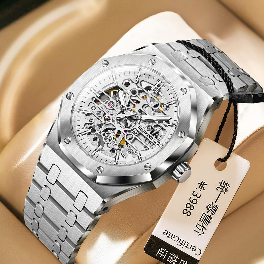 BINBOND 1030 Men's Fully Automatic Pure Mechanical Waterproof Hollow Night Light Steel Belt Watches for Man Relojes Para Hombres