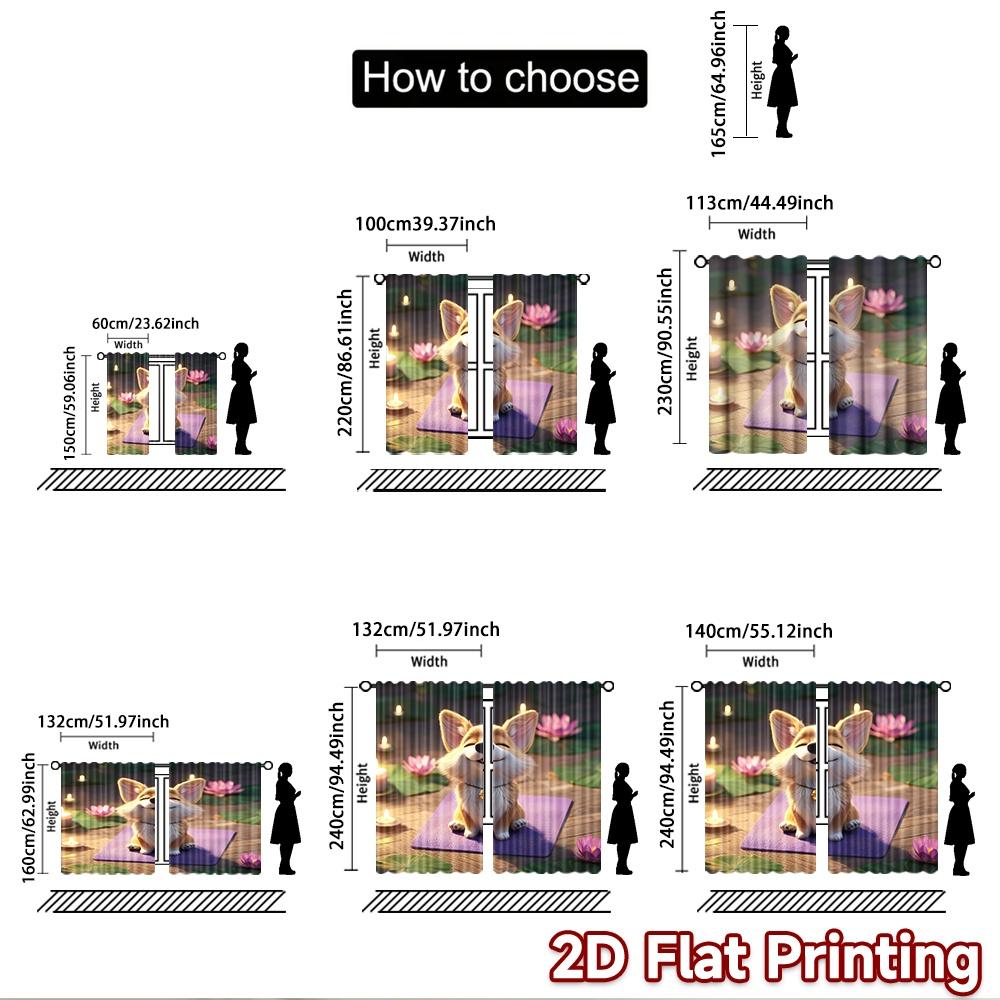 2D flat printing 2pcs Curtain Cute Corgi Yoga Zen Lotus Digital Printed Polyester Drapes Party Decorations Use for Indoor