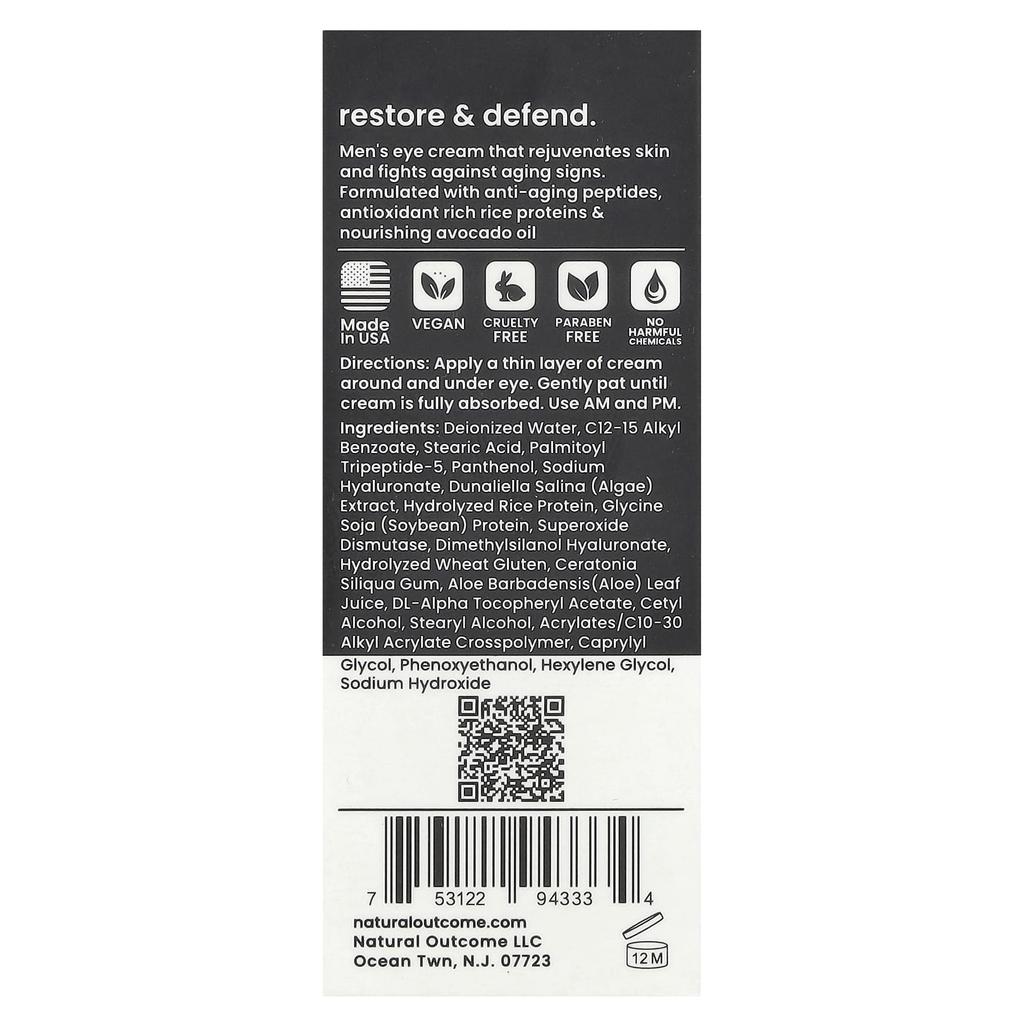 Manskin Restore & Defend Eye Cream, Fragrance Free, 15Ml(0.5Oz)