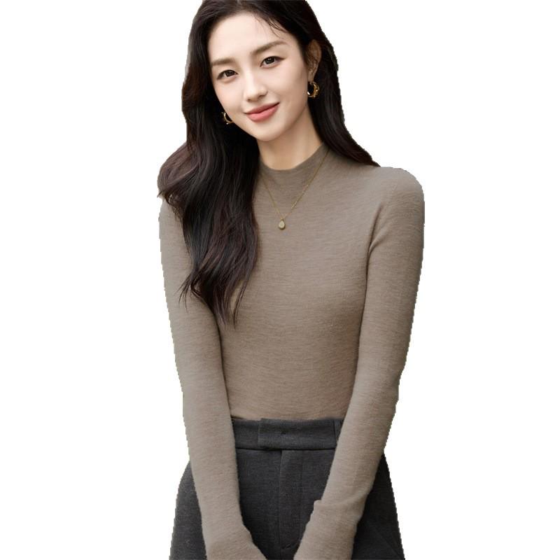 Autumn Women's Half High Neck Knitted Wool Sweater - Slim Fit, Long Sleeve, Plus Size, Elegant Top
