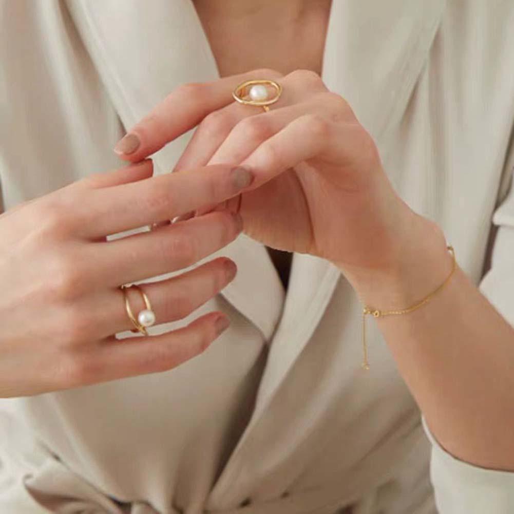 Pearl Women Fashion Faux Geometric Round Hollow Ring Finger Jewelry Party Gift