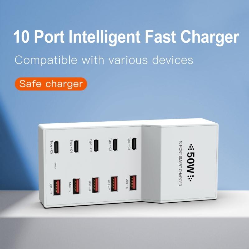 Универсальная сетевая розетка Многопортовый зарядный хаб USB-зарядная станция с 5 портами USB-A и 5 портами Type-C 50 Вт USB C зарядная док-станция