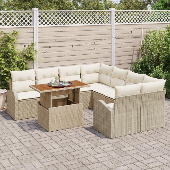 9-piece Garden Sofa Set with Beige Poly Rattan Cushions, Two-seater Garden Sofa with Storage 3358304