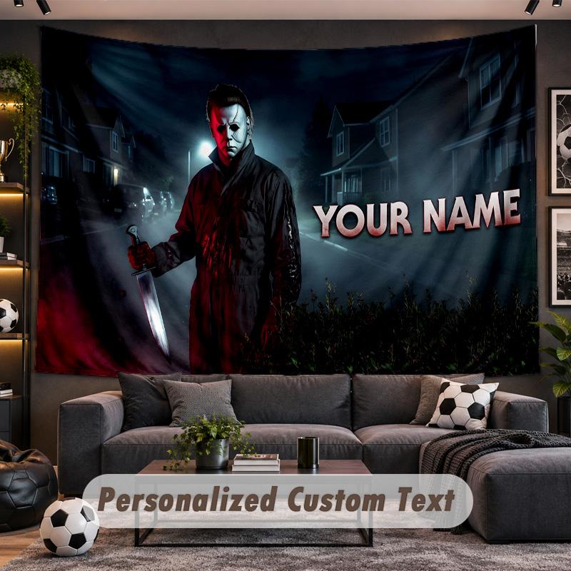 Halloween Michael Myers Personalized Tapestry Support Custom Name, Wall Art Home Decoration