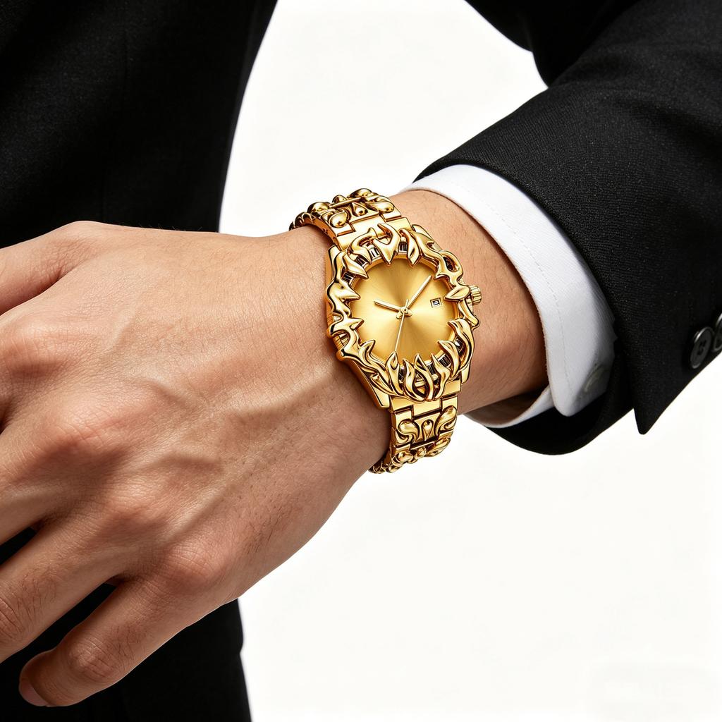 Gold Claw Quartz Watch Unique Hollow Stainless Steel Bracelet Wristwatch Hip Hop Streetwear Calendar Relogio Masculino