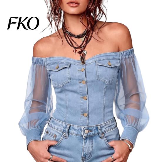 Comfortable Summer Tops for Women, Mesh Splicing Imitation Denim Shirt, Off Shoulder Mid-length Blouse Long Sleeve Chiffon Work Parties And