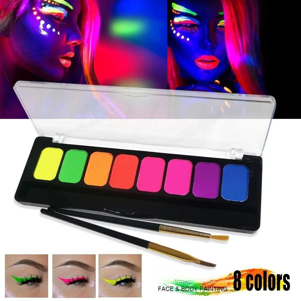 8-Color Water-Soluble Fluorescent Body Paints Halloween Dark Night Glow Paintbrush DIY Quick Dry Pigments Paste Eyeline Makeup