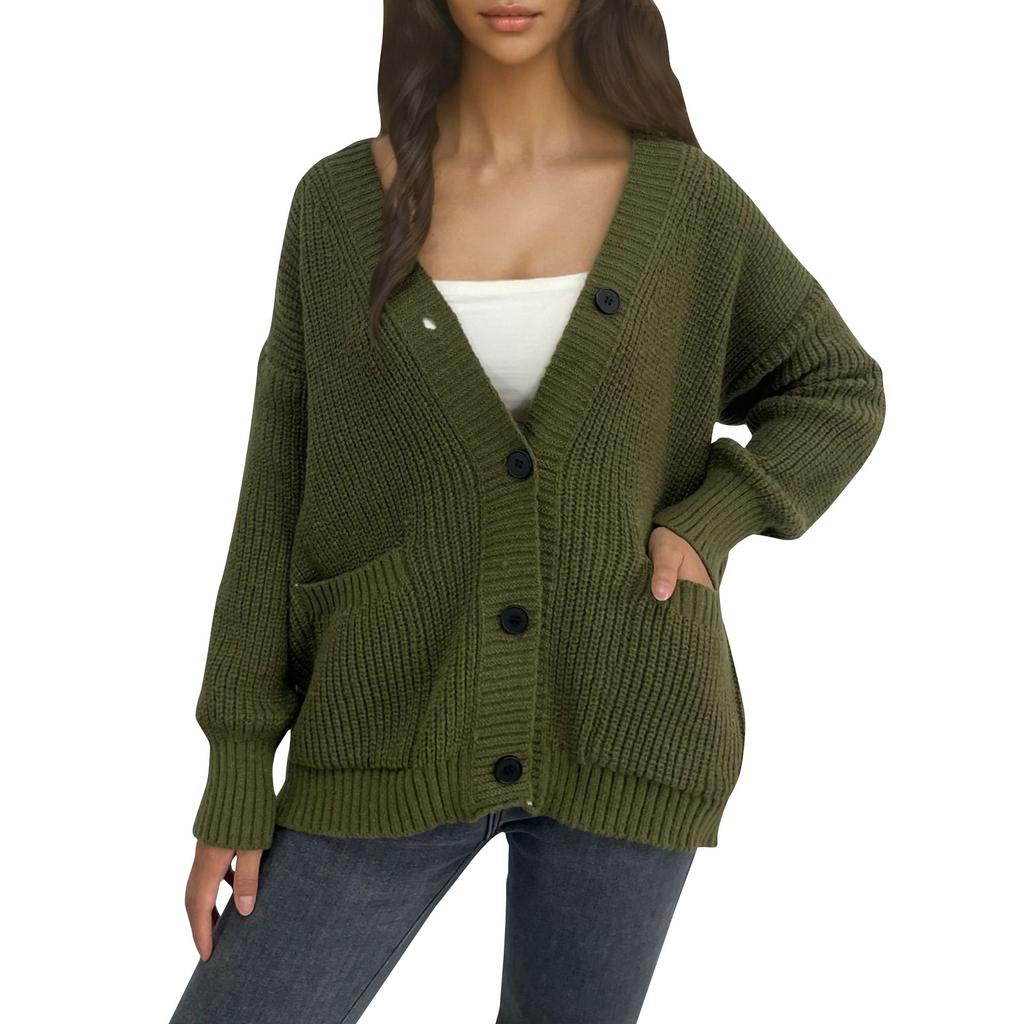 Женская мода однотонный вязаный кардиган с карманами на пуговицах пальто свитер