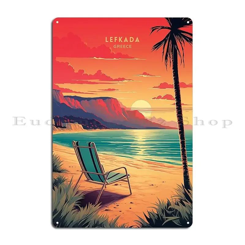Lefkada Greece Island Paradise Travel Poster Illustration Metal Sign Design Pub Personalized Personalized Tin Sign Poster