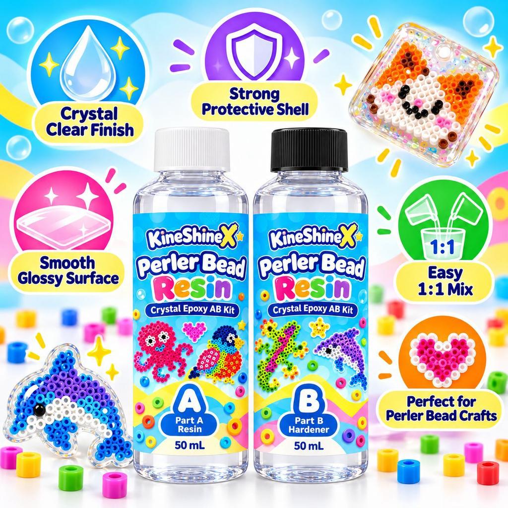 Perler Bead Resin Kit, Crystal Epoxy AB Resin Set for Fuse Bead Crafts, Glossy Coating for Keychain Ornament DIY, 50ml A + 50ml B