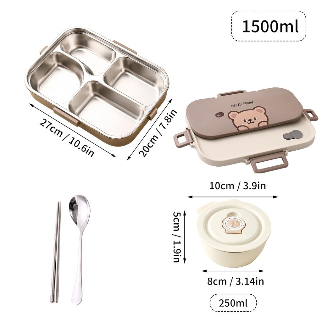 4 Grids Bento Lunch Box With Bowl&Cutlery Microwave 304 Stainless Steel Leak-proof Food Container For Student Adult