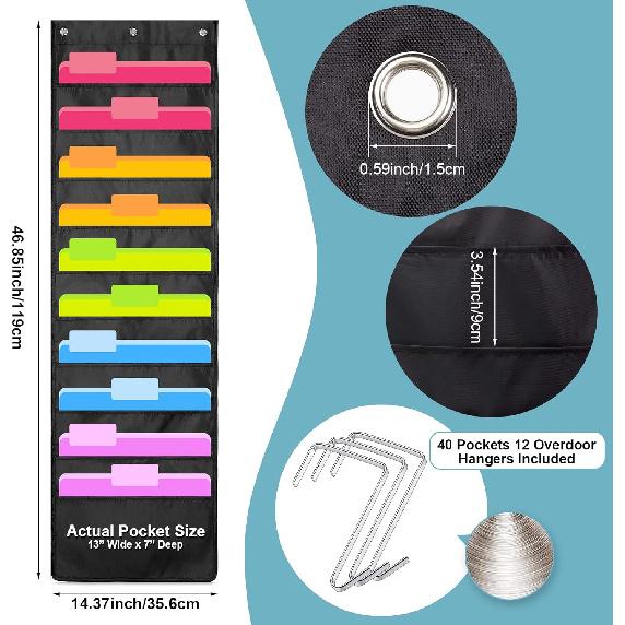 Geyee 4 Pack Hanging Wall File Organizer, Storage Pocket Chart, over Door Hangers Included, Hanging Wall Paper Organizer for File Folders, Classroom