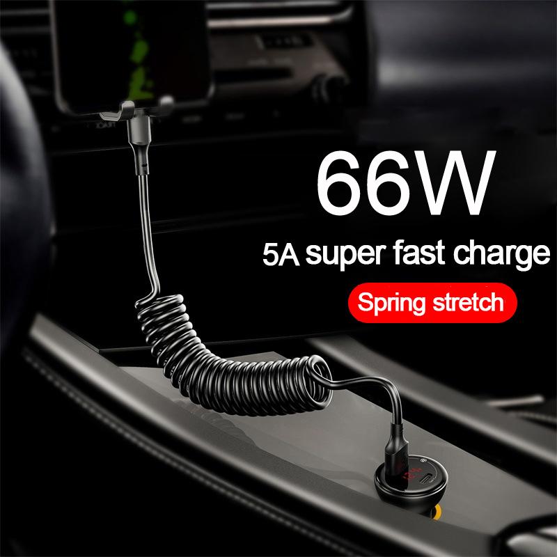 Автомобильный USB Type C/Type C к Type C/USB LIGHTNING Кабель с пружинным телескопическим механизмом для быстрой зарядки для iPhone 16 15 14 Samsung Xiaomi OnePlus