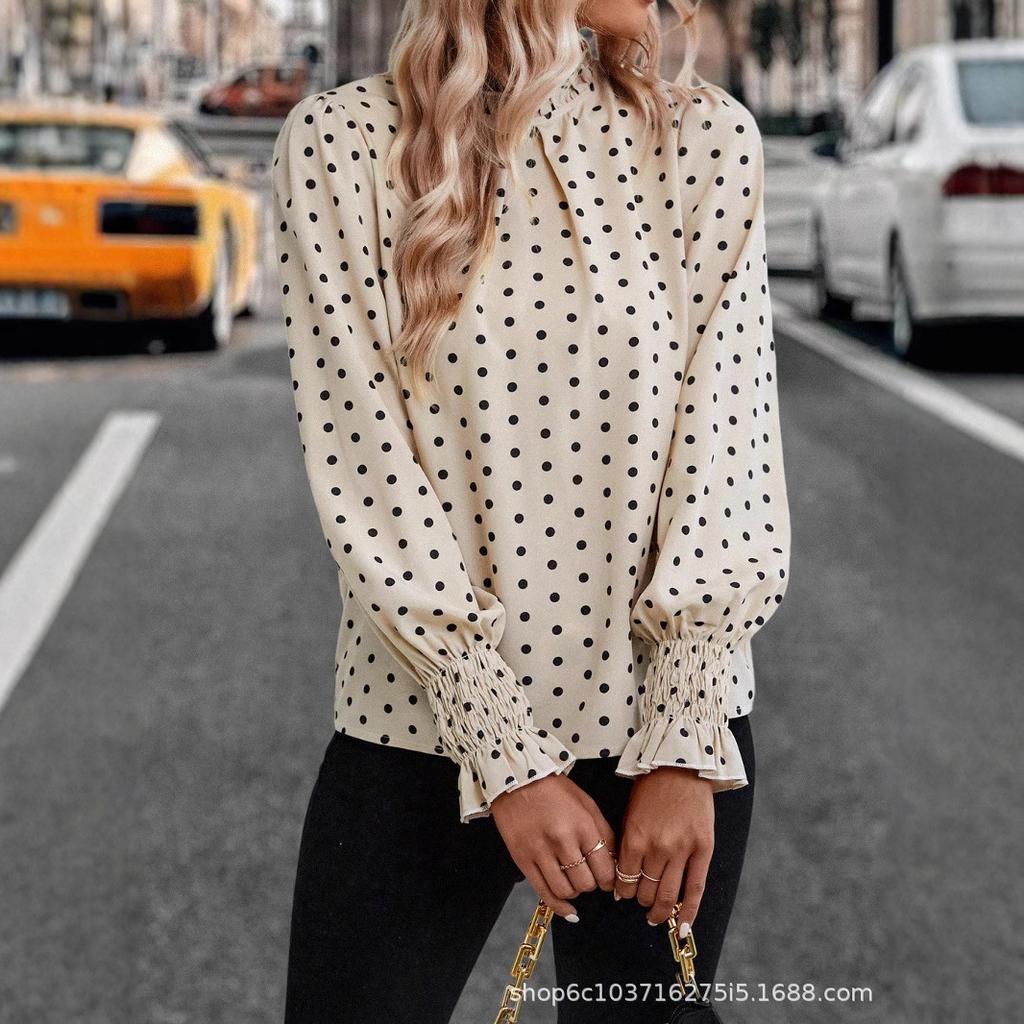 European and American women's clothing spring and autumn 1116 new printed pullover short polka dot long-sleeved top