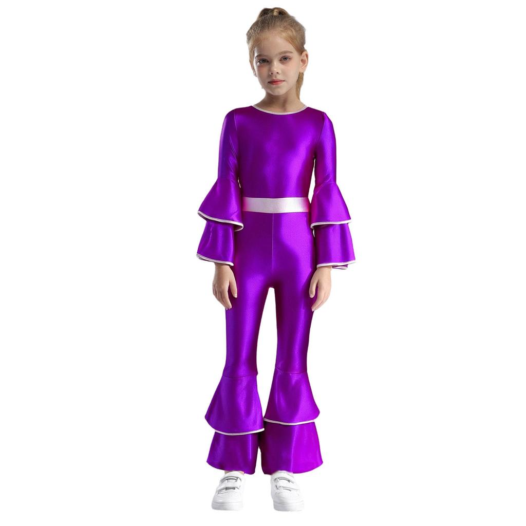 Girls Disco Costume Long Sleeves High Waist Tiered Flared Jumpsuit Shiny Metallic 70s 80s Party Outfit