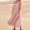 Women Summer Cotton Linen Dresses Plain Loose Round Neck Pocket Sleeveless Long Dress